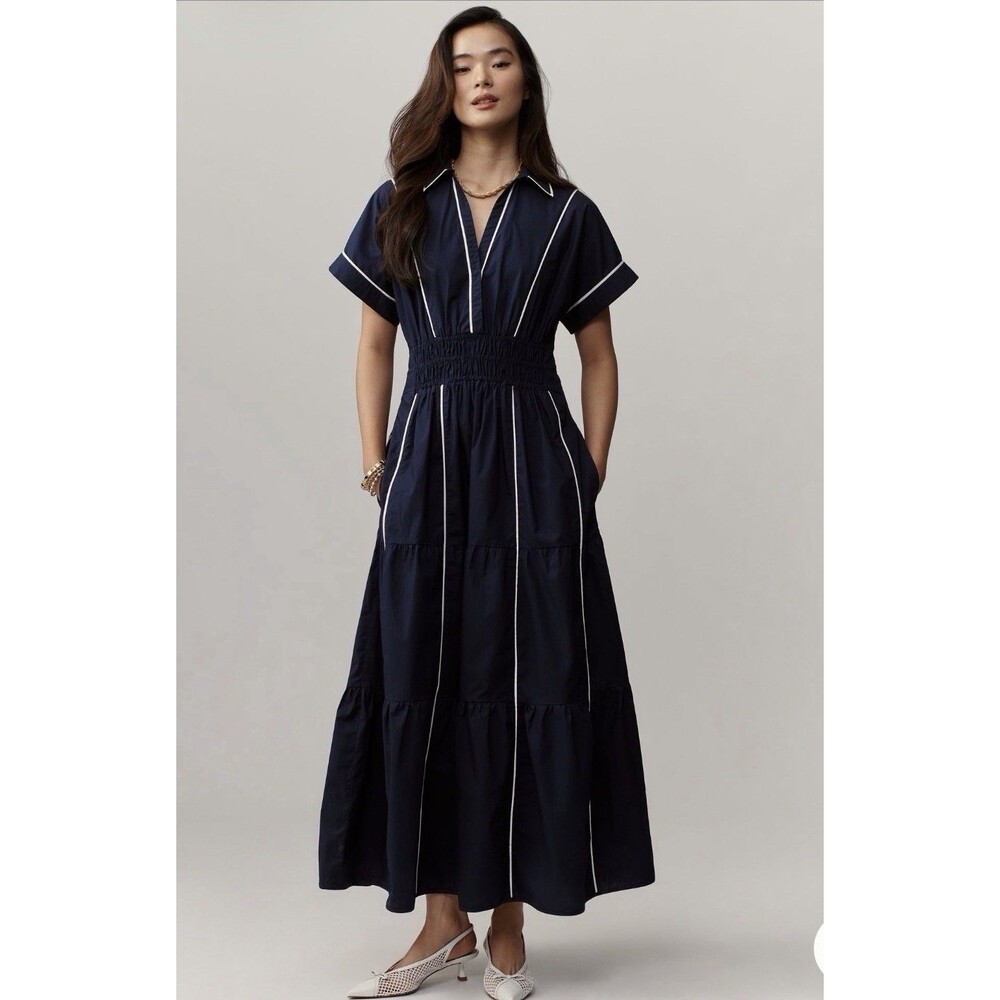 Anthropologie Maxi Dress Somerset Navy Cotton Preppy Vacay Retro Medium NWT